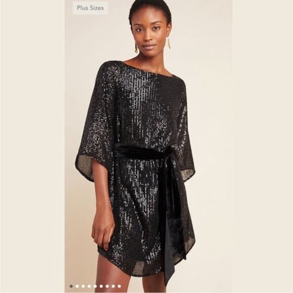 Anthropologie Starling Black Sequin Velvet Belted Tunic Mini Dress Small - Picture 1 of 14